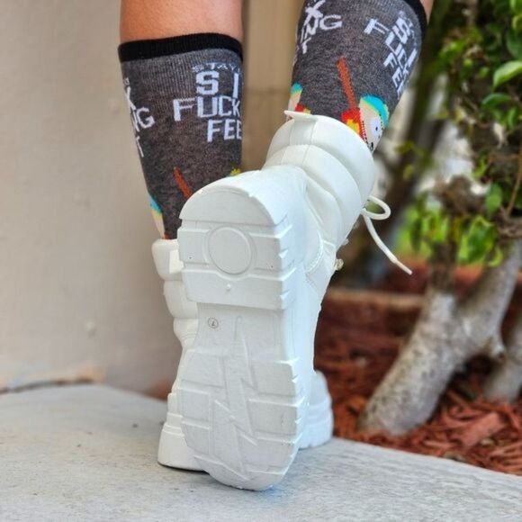 Women's White Chunky Block High Heel Ankle Combat Booties - Picture 5 of 7